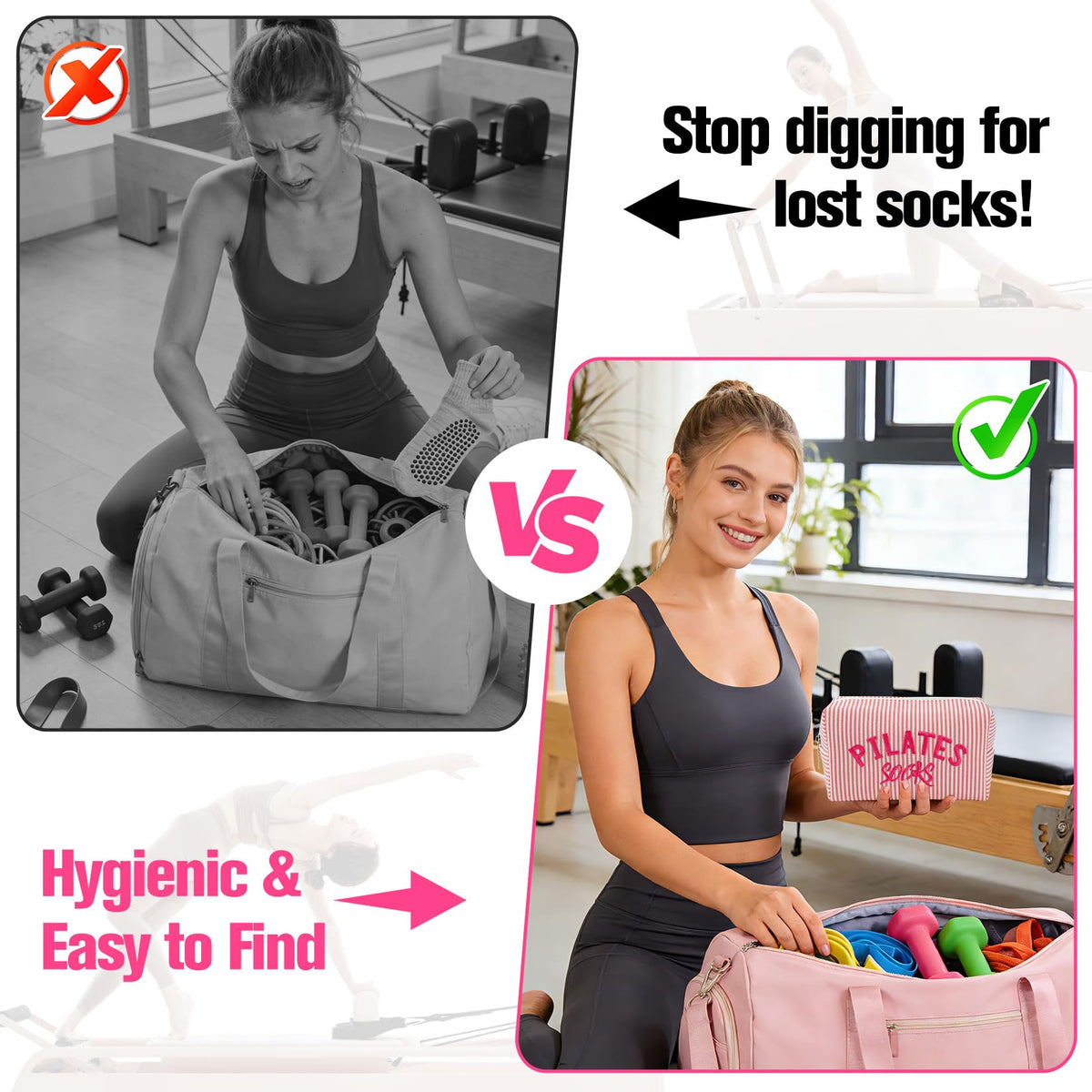 TIFFYONEK Pilates Grip Socks Bag - Embroidered Seersucker Pouch for Women - Cute Makeup Cosmetic Organizer & Gym Bag Accessory for Barre, Yoga, Reformer Studio - Pilates Princess Gifts (Pink Stripe)