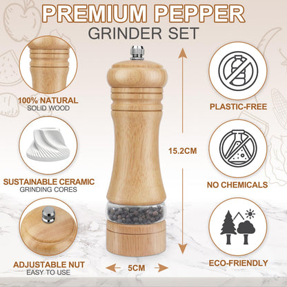 Salt and Pepper Grinder Set of 2, Wooden Salt and Pepper Mill with Adjustable Coarseness Ceramic Rotor & Acrylic Window, Manual Spice Grinders Refillable Salt Shaker for Sea Salt/Chili/Sesame,6.5 Inch