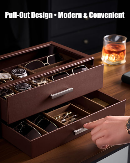 ProCase Mens Jewelry Box, 6 Slot Watch Case with Drawer & Glass Display Top, 2-layer Watch Holder Storage for Watches, Sunglasses, Rings, Bracelets, Jewelry Organizer, Gift for Men -Espresso