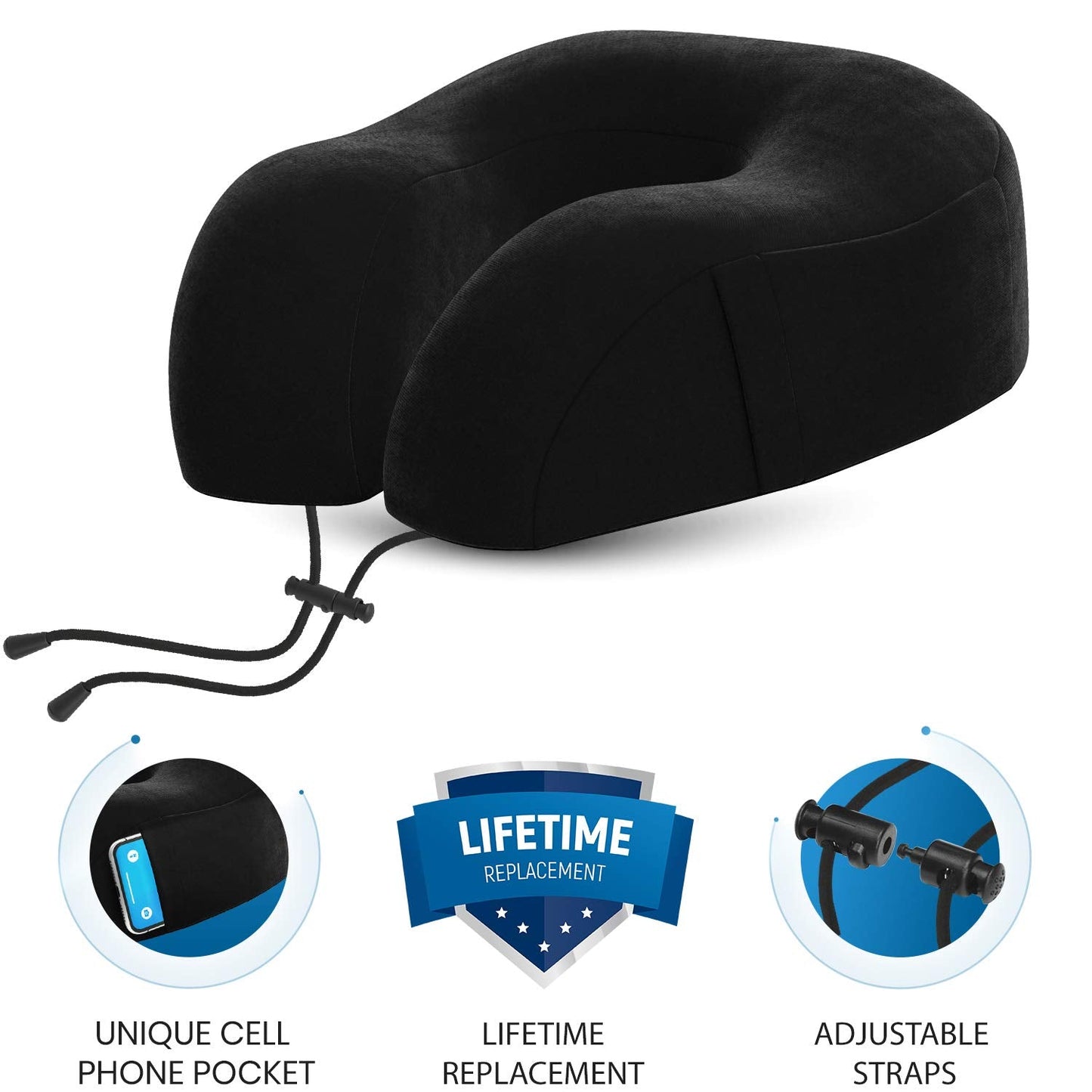 Everlasting Comfort Memory Foam Travel Pillow - Airplane Neck Pillow for Travel with Earplugs, Eye Mask & Carry Bag - Neck Support Cushion for Plane, Car & Train - Black
