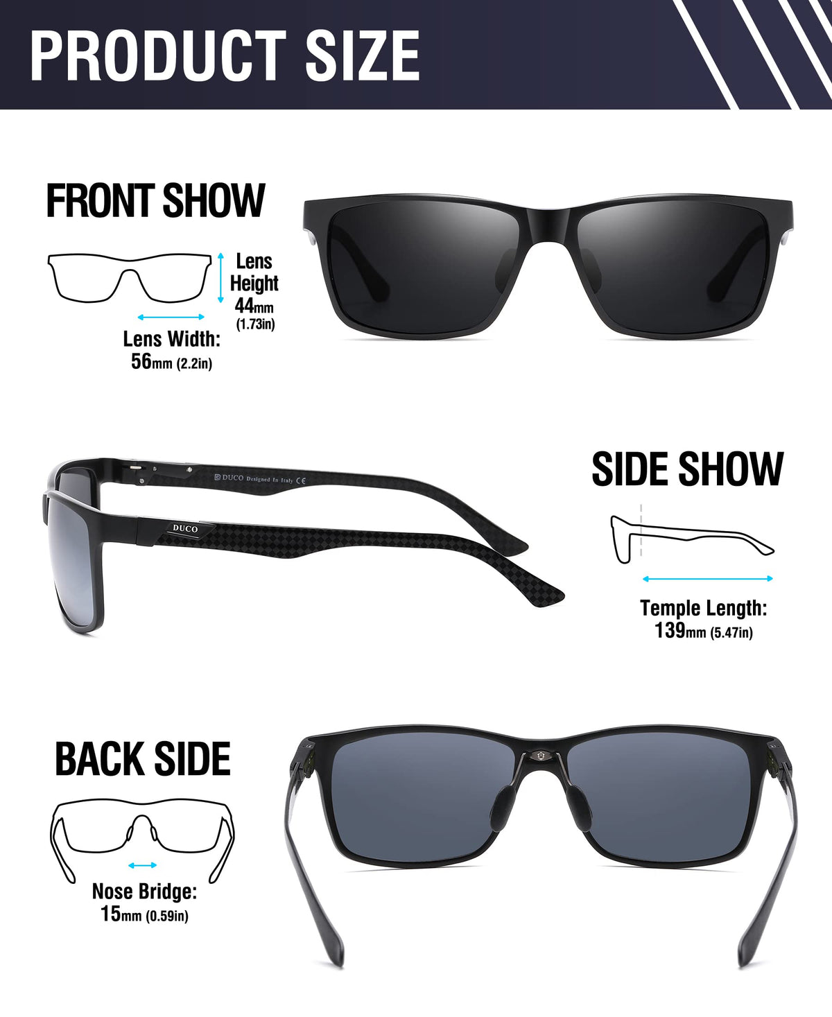 DUCO Mens Sunglasses Polarized Rectangle Sunglass for Men Lightweight Carbon Fiber UV400 Protection 8206