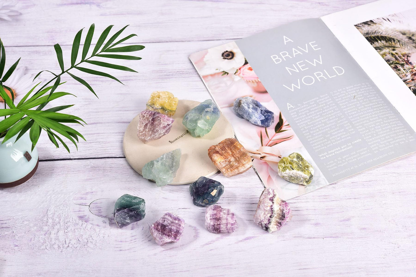 AMOYSTONE 1 LBS Bulk Mixed Fluorite Crystal Set in Display Box - 1-2" Natural Specimens for Office Decor & Collectors