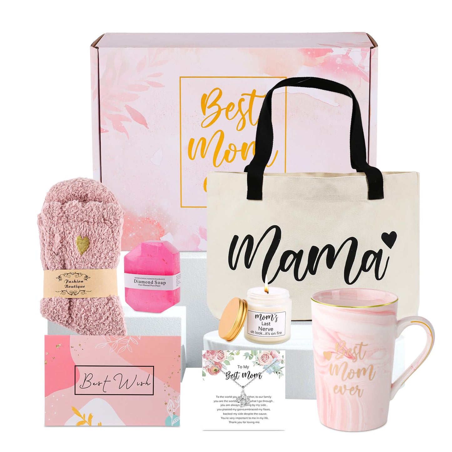 DHQH Best New Mom Gifts for Mom from Daughter Son,Gift Basket for Women Birthday Gifts for Mother-in-law Thanksgiving Presents with Candle box Tote Bag