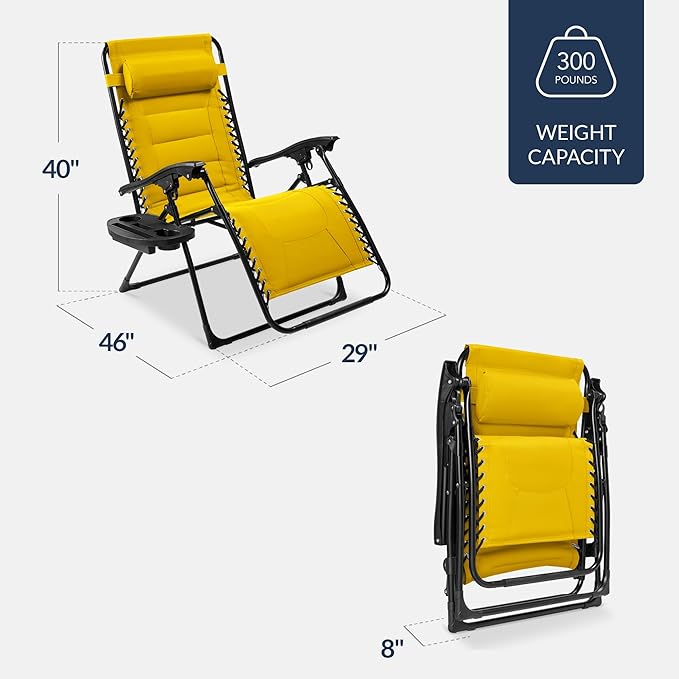 Best Choice Products Oversized Padded Zero Gravity Chair, Folding Outdoor Patio Recliner, XL Anti Gravity Lounger for Backyard w/Headrest, Cup Holder, Side Tray, Polyester Mesh - Yellow