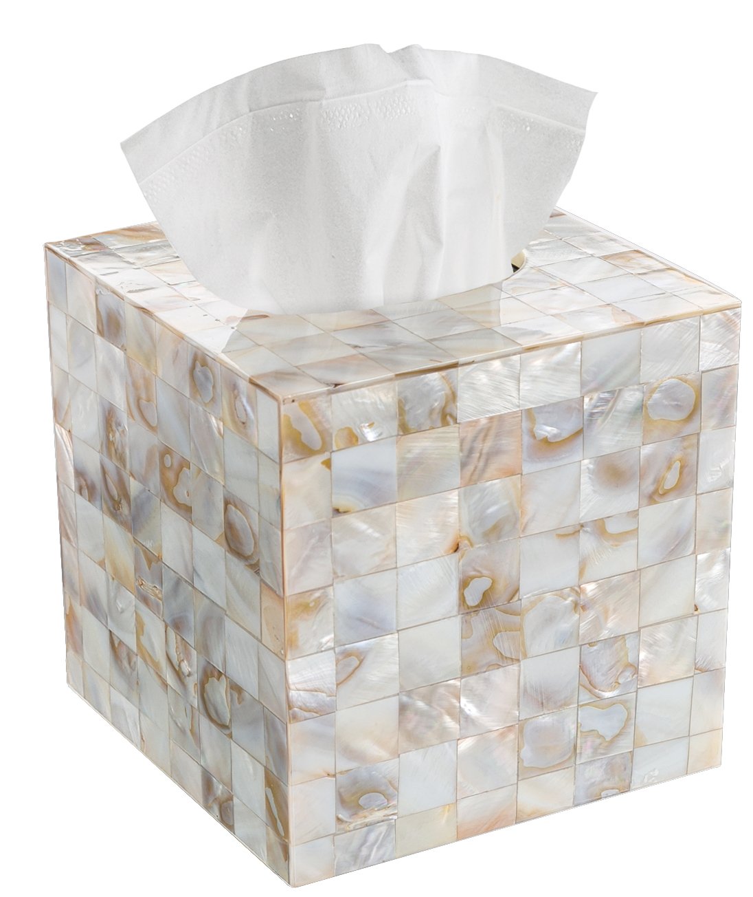 Milano Tissue Box Cover Square – Decorative Tissue Holder for Bathroom - Beautiful Natural Mother of Pearl Capiz Shells Tissue Box Holder - Cube Tissue Box Cover with Durable Bottom Slider