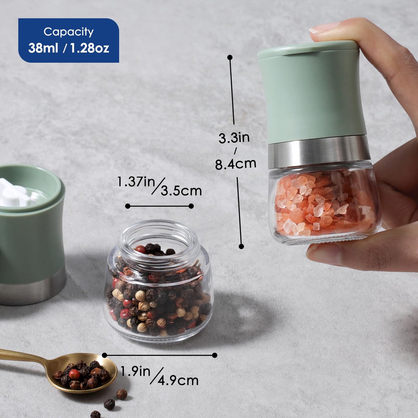 vzaahu Small Salt and Pepper Grinder Set,Green Mini Portable Refillable Spice Mills for Home, Travel, RV & Outdoor Dining,Adjustable Grinding Coarseness