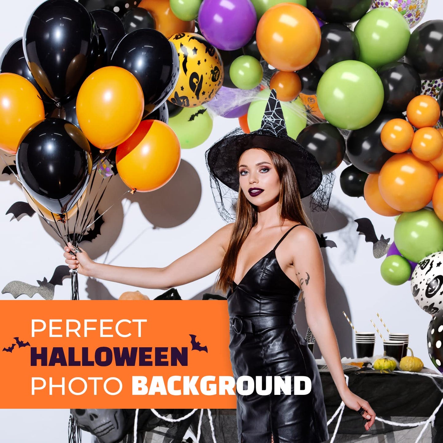 Halloween Balloon Garland Arch Kit – 98 Pcs Black, Orange, Green, Violet Latex + Bat, Pumpkin & BOO Foil Balloons with Accessories – Spooky Party Decor – DIY Kit by Vellax®