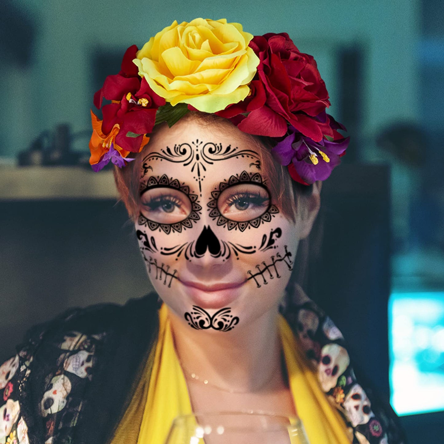 Rose Flower Halloween Headband & Day of the Dead Face Tattoos, Temporary Tattoo Stickers and Mexican Floral Headpiece for Halloween Costumes Party Supplies Cosplay Festival, Day Of the Dead headband