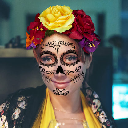 Rose Flower Halloween Headband & Day of the Dead Face Tattoos, Temporary Tattoo Stickers and Mexican Floral Headpiece for Halloween Costumes Party Supplies Cosplay Festival, Day Of the Dead headband