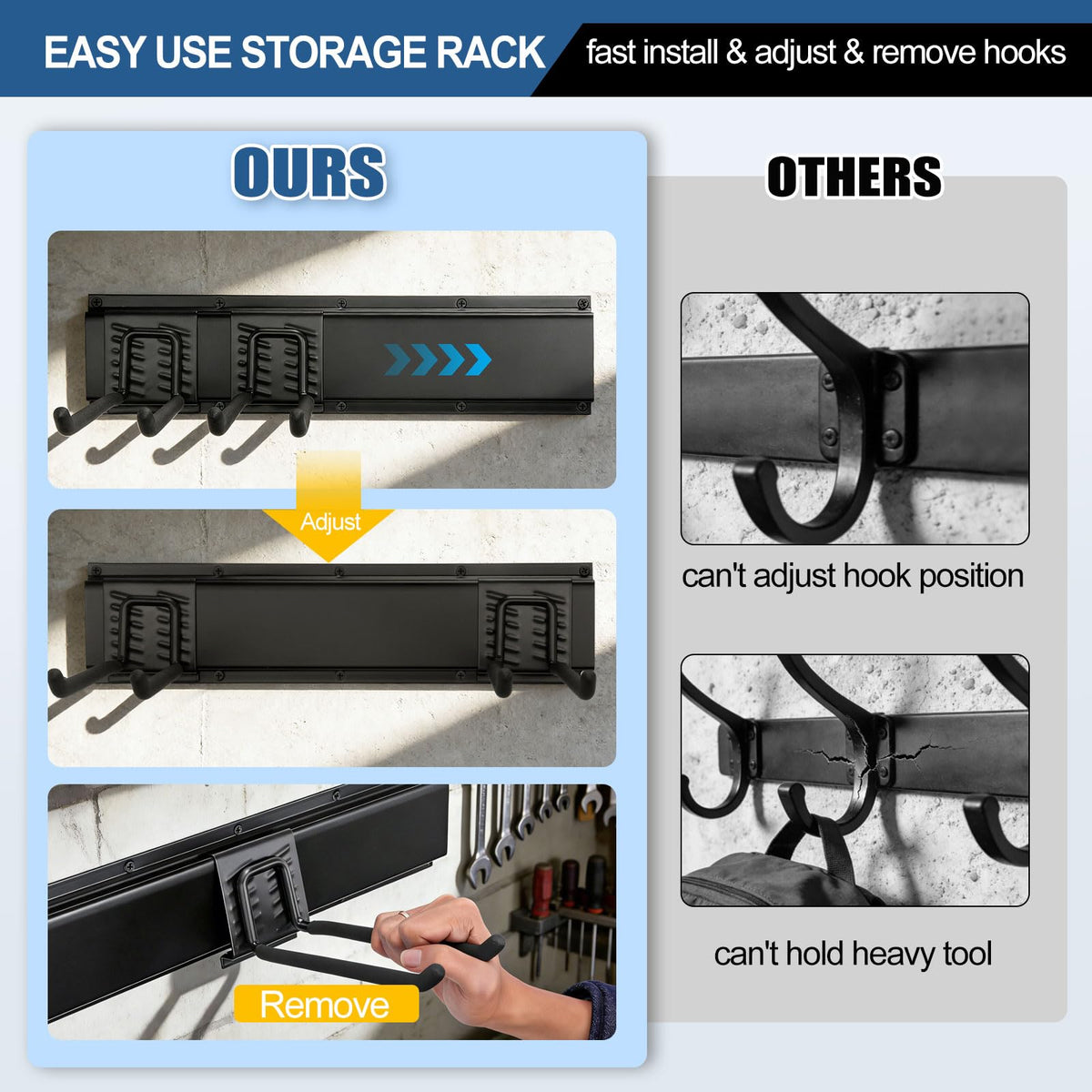 14Pack Garage Tool Organizer Wall Mount, 49.5'' Garage Wall Organizer with 11 Adjustable Hooks, 520lbs Heavy Duty Garage Storage, Garage Hanging Rack for Garden Yard Tools,Ladder,Shovel,Weed Eater