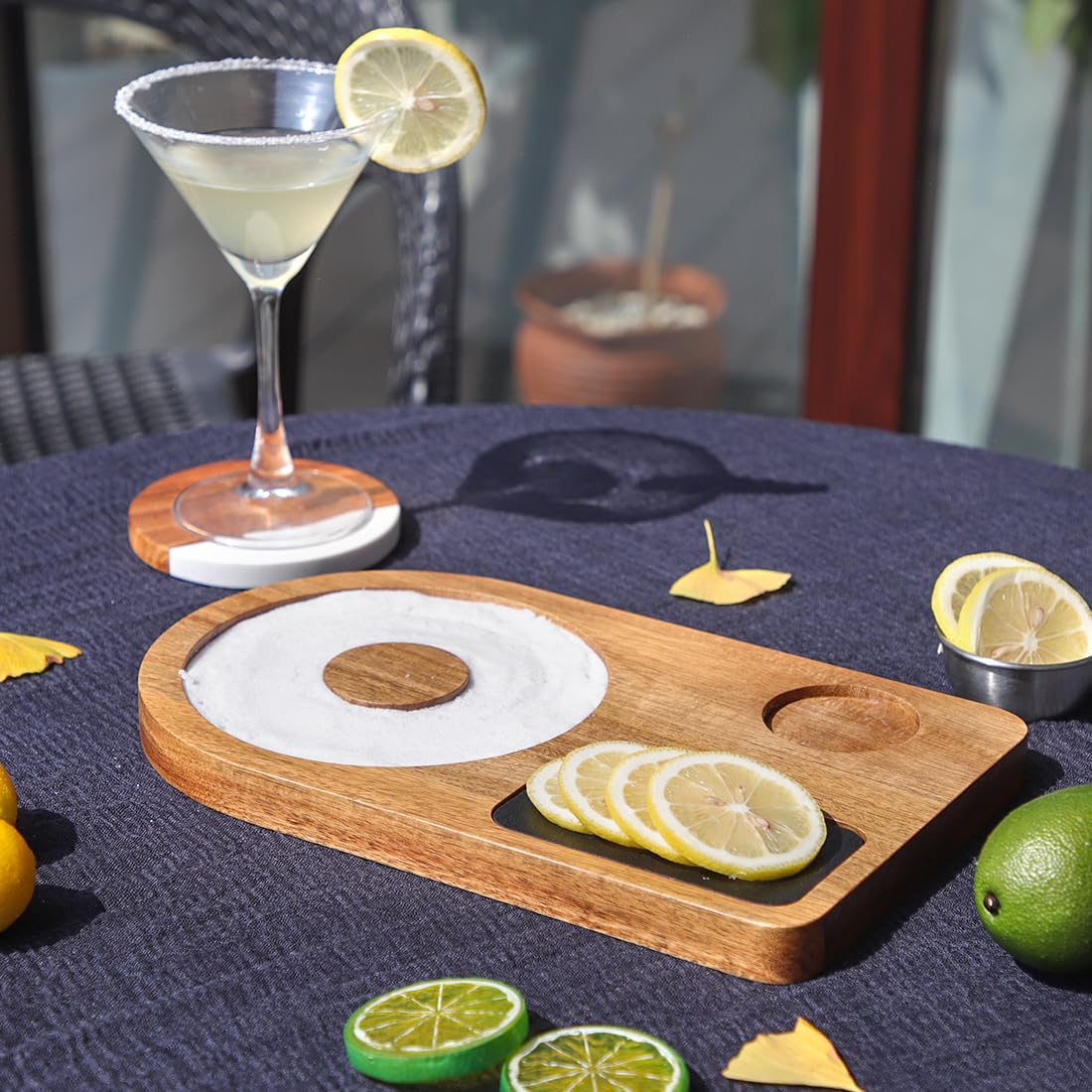 HALE OTEIR Margarita Salt Rimmer Set - Acacia Wood Cocktail Salt & Sugar Rim Maker with Slate Board, Lemon Slicer & Serving Bowl - Bartender Tools for Margaritas, Bar Accessories