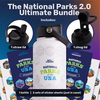 LET'S WANDER National Parks Water Bottle 2.0 Ultimate Bundle | Includes Straw Lid, Chug Lid and 2 Sets of 63 Waterproof Stickers | 32oz Leakproof Insulated Stainless Steel Gift Pack (Black)