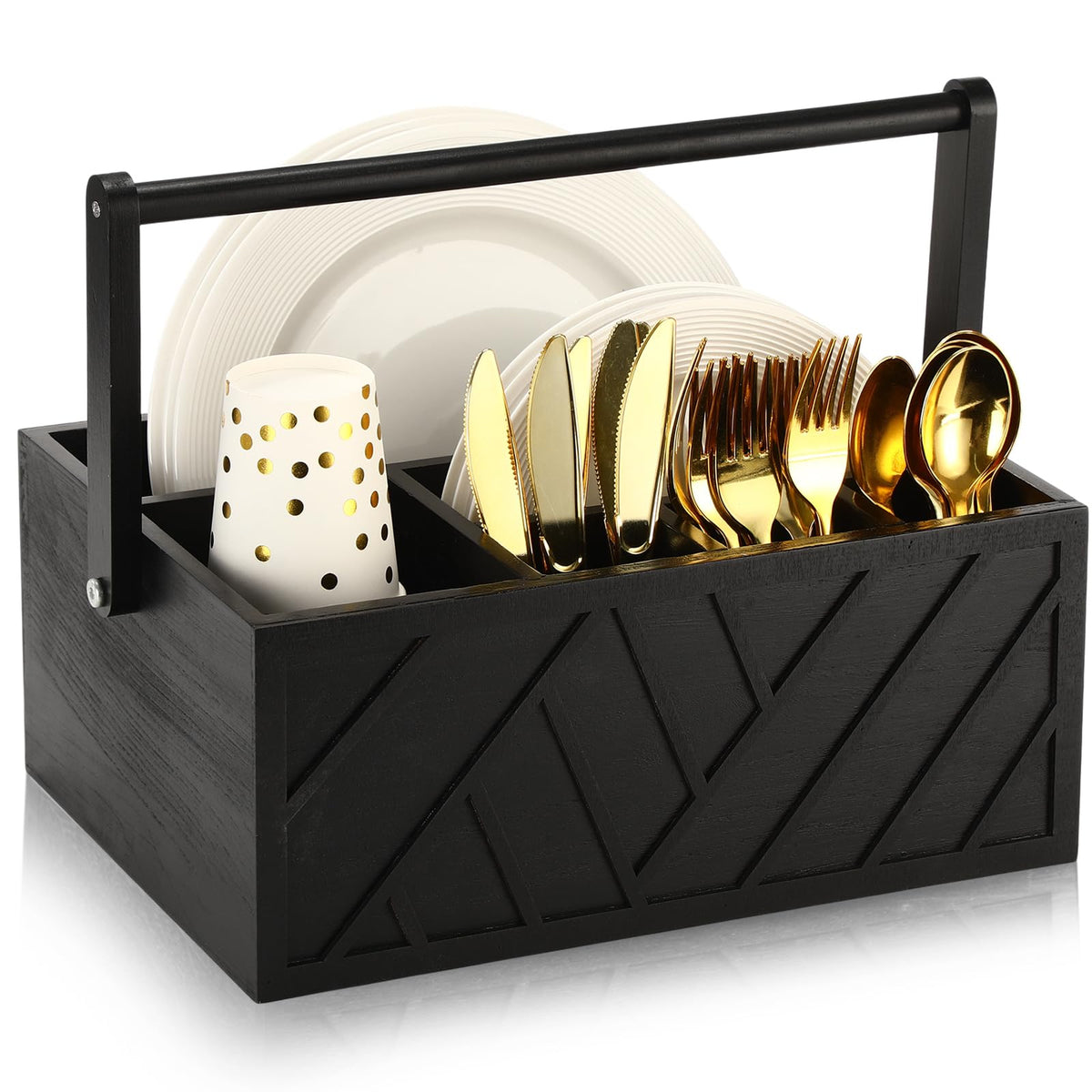 LemonRoad 13 Inch Rustic Silverware Caddy with Handle Wooden Flatware Utensil Holder Paper Plate and Silverware Caddy Organizer Cutlery Holder for Kitchen Countertop Picnic Cups Forks Napkins(Black)