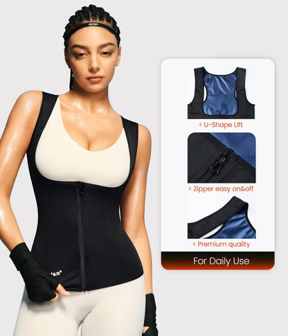 Junlan Sauna Suit for Women Waist Trainer Vest Sweat Tank Top Shaper for Women with Zipper (Blue, X-Large)