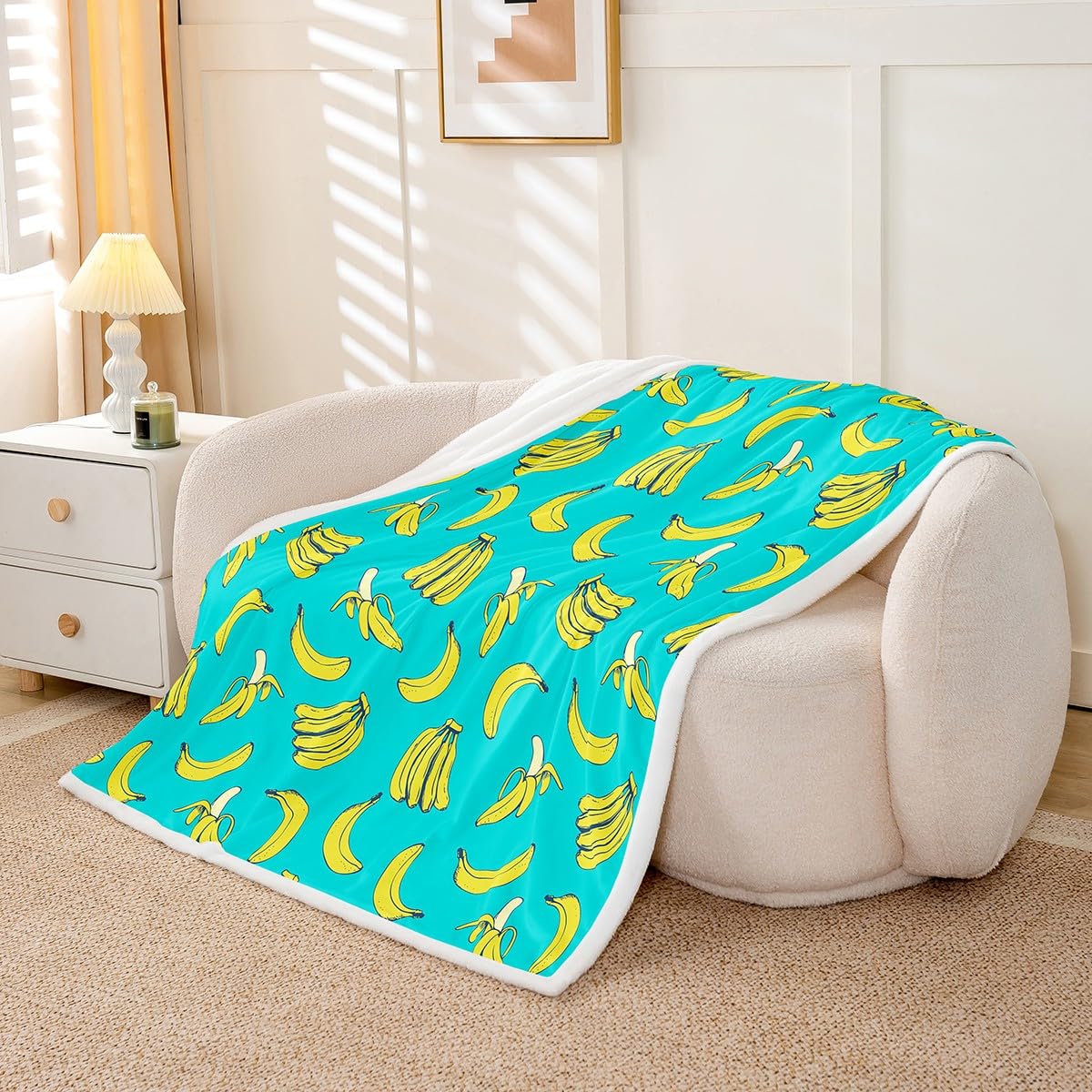 Feelyou Cartoon Banana Sherpa Fleece Throw Blanket for Kids - Tropical Fruit Print, Soft & Fuzzy, 40x50 Inches