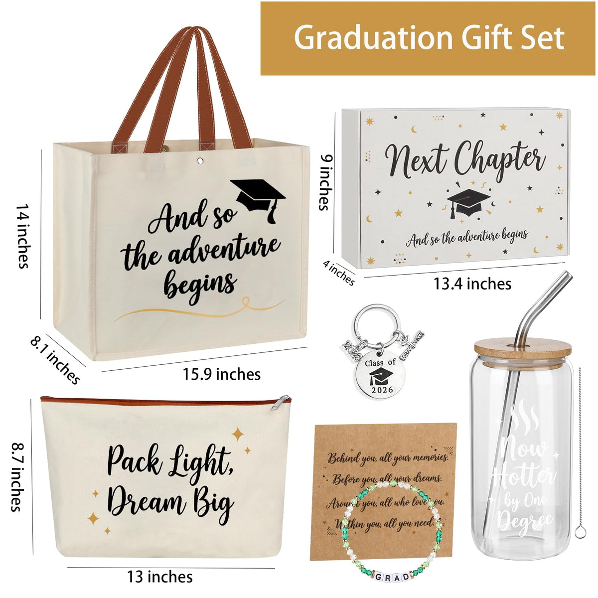Lukeline 5 Pcs Graduation Gifts for Women,Practical Graduation Gift Include Tote Bag, Makeup Bag, Mug, Keychain, and Bracelet for College,High School Grads, Graduation Gifts Set for Her with Box