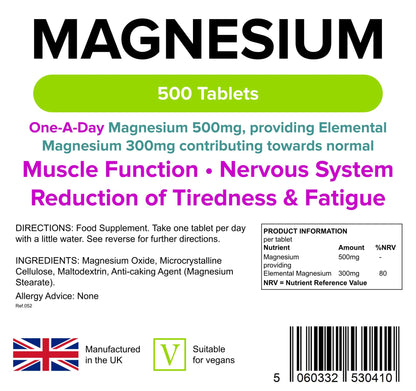 Lindens - Magnesium 500mg - 500 Tablets - UK Made, Reduces Tiredness & Fatigue, Supports Muscle & Nervous System Function - Bones & Teeth Health - Vegan, GMP & Letterbox Friendly