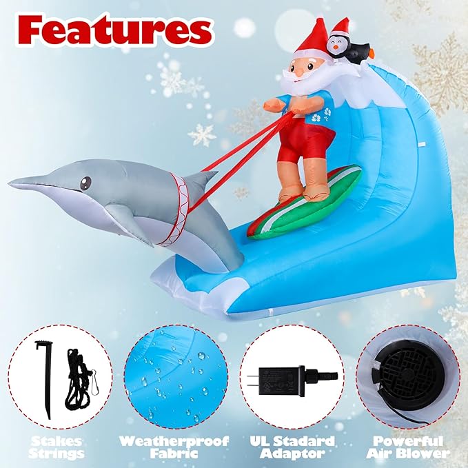 Vigdur 8FT Christmas Santa Claus Inflatables, Hawaiian Surfing Santa Blowups with Built-in LED Lights, Hawaiian Christmas Decorations for Holiday Indoor Yard Lawn Garden Outside Home Decor