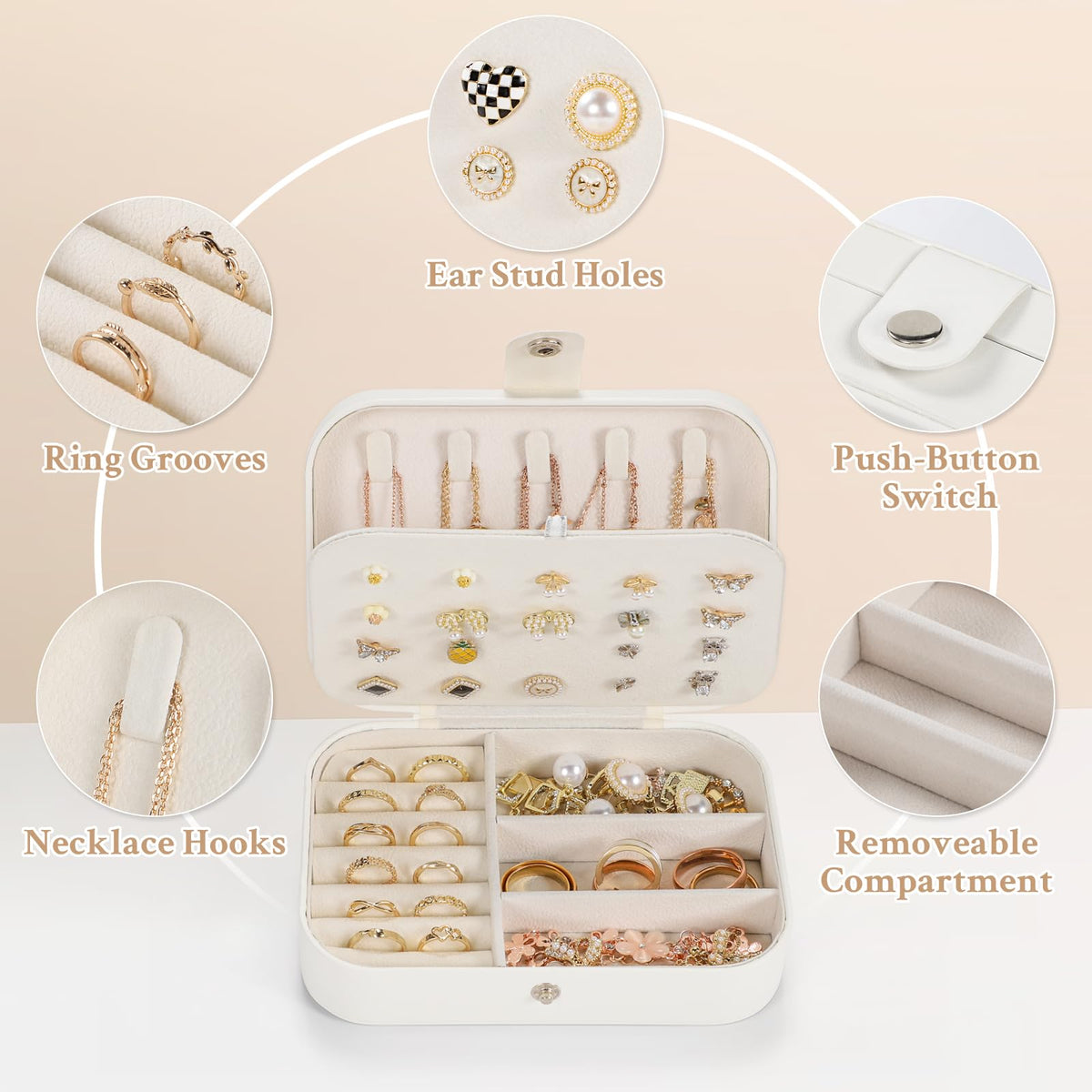 Sightor Bride Jewelry Box, MRS Travel Jewelry Box for Bride Portable Jewelry Case, Small Jewelry Organizer for Bachelorette Party, Honeymoon, Engagement Gift, Bridal Shower Gift (White, Gold)