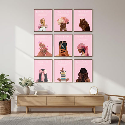 ANVOTIG Pink Christian Black Women Wall Art Prints Set of 9, Preppy African American Bible Verse Posters, Trendy Pink Black Girl Room Decor for Bedroom Bathroom Living Room 8x10 Inch Unframed