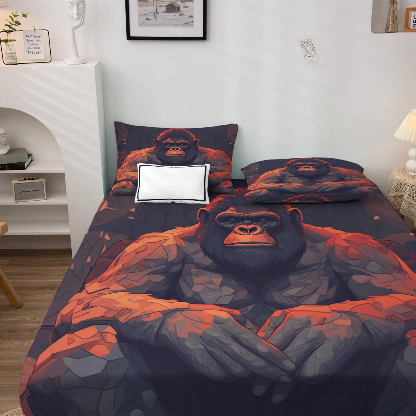 Gorilla Sheets Queen Size, Chimpanzee Bed Sheets, Patterned Bedding Sheets & Pillowcases 4 Piece Set - Soft Microfiber Deep Pocket Fitted Sheet & Flat Sheet & 2 Pillow Cases H-8&-242