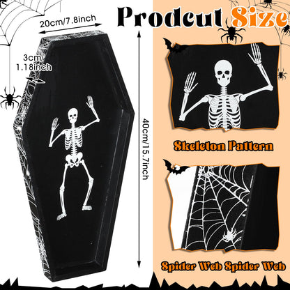 Teenyyou 15.7 x 7.8 Inch Halloween Coffin Charcuterie Boards with Skeleton Spider Web Decor Black Wood Coffin Serving Trays and Platters Halloween Candy Bowl Gothic Serving Box for Party Supplies