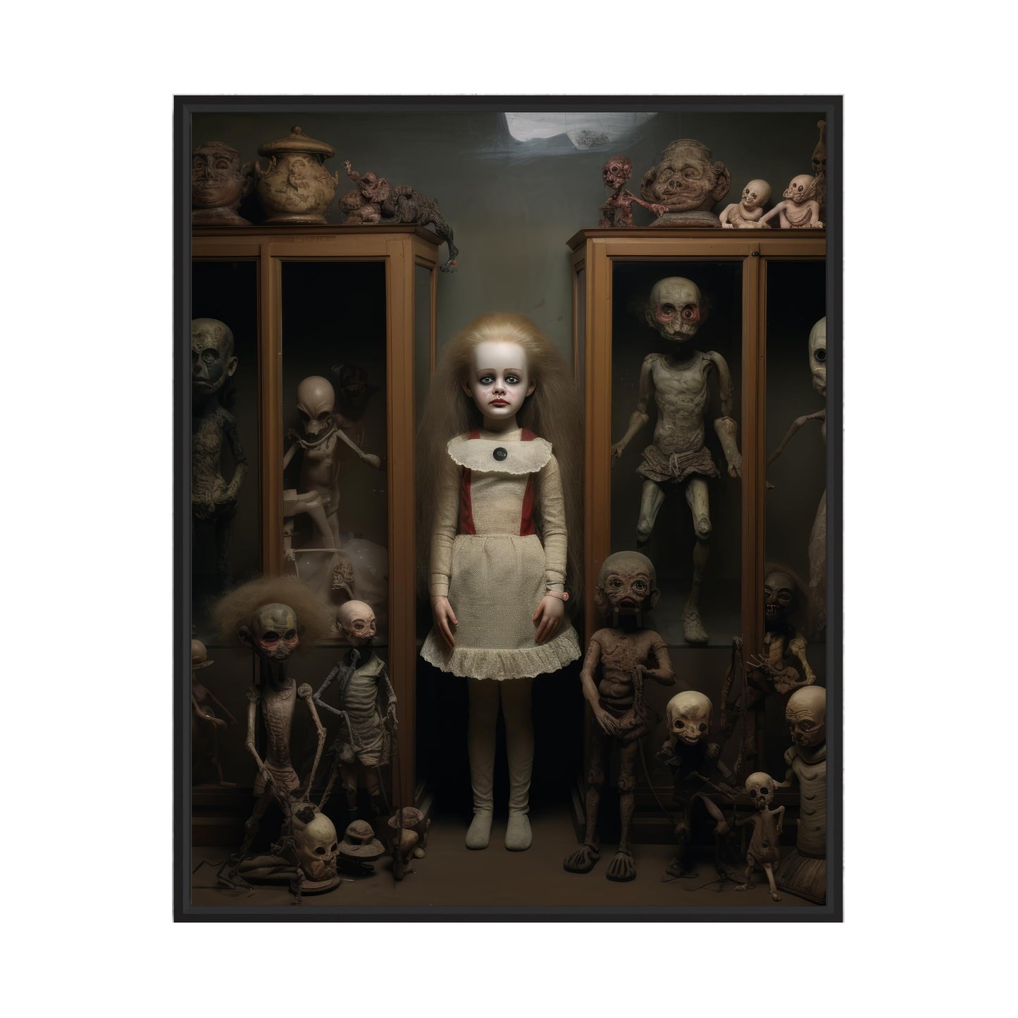 Creepy Doll Collection Art Poster Print, Haunted Scary Spooky Halloween Wall Art Painting Decor Gallery 29 (Creepy Doll Collection, 14" L x 11" W, Black Frame)