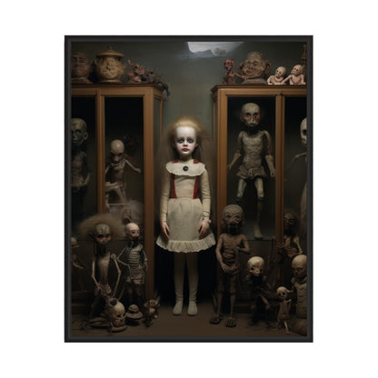 Creepy Doll Collection Art Poster Print, Haunted Scary Spooky Halloween Wall Art Painting Decor Gallery 29 (Creepy Doll Collection, 14" L x 11" W, Black Frame)