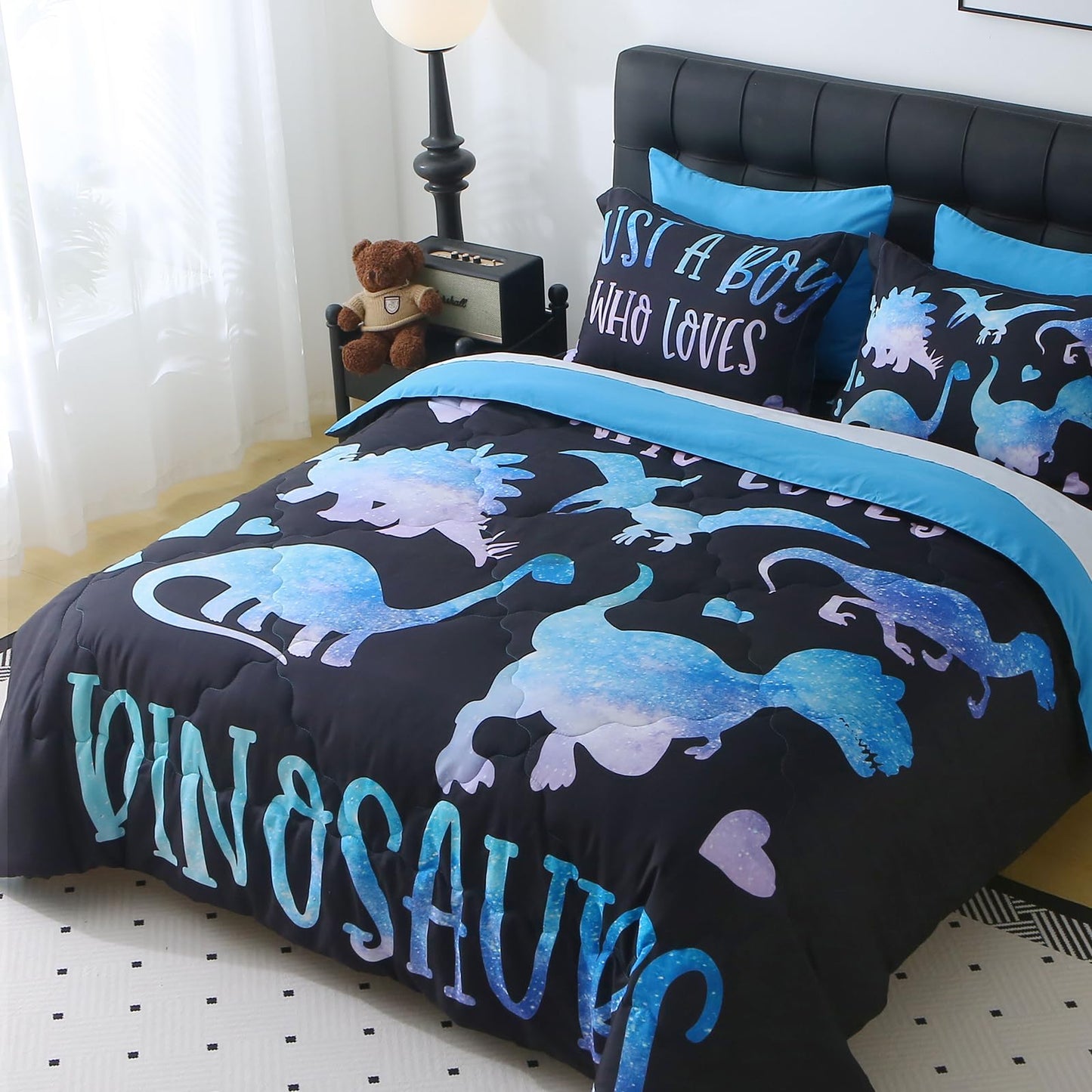 Jameswish 7 Piece Boys Dinosaur Comforter Set Twin Size Blue Dinonsaur Soft Microfiber Bed in A Bag with Comforter,Sheet Set,Pillowcase and Sham for Child Teens All Season