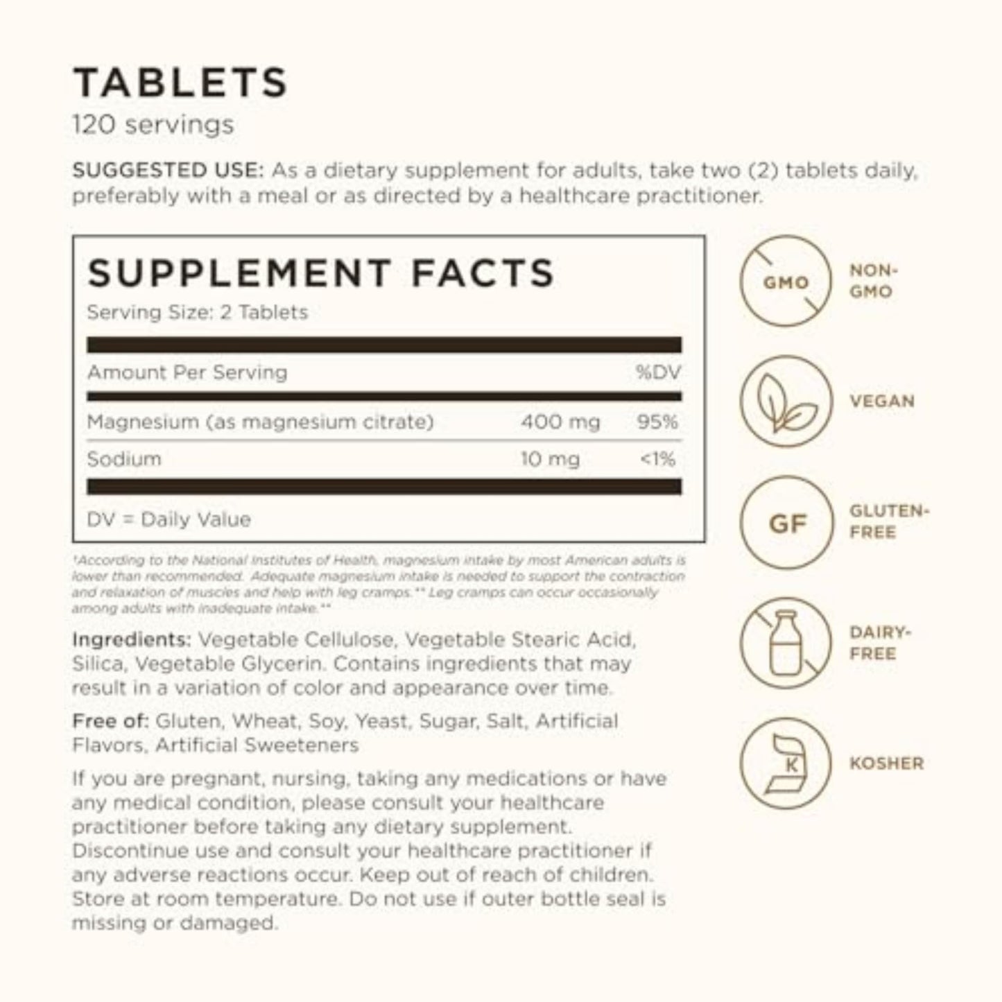 Solgar Magnesium Citrate Tablets, Supports the Nervous System, Energy Release, Reduces Tiredness and Fatigue, Vegan, Brown, 120 Count