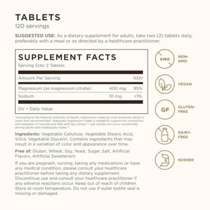 Solgar Magnesium Citrate Tablets, Supports the Nervous System, Energy Release, Reduces Tiredness and Fatigue, Vegan, Brown, 120 Count