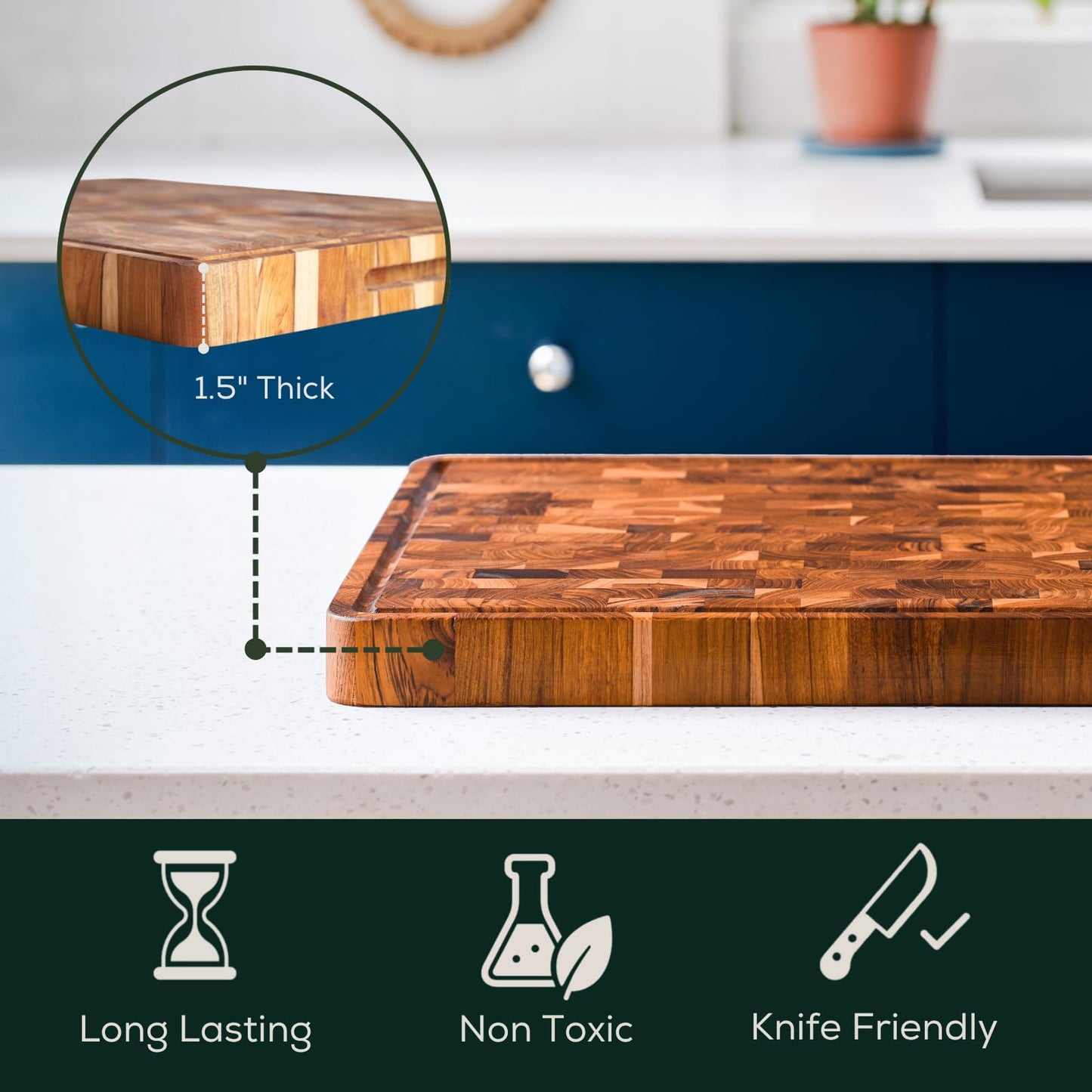 EZ FURNITURE Large (L) Acacia End Grain Cutting Board, Reversible, Knife-Friendly Charcuterie Butcher Block with Juice Groove & Handles, Non-Toxic, Gift Box Included (20" x 15" x 1.5")