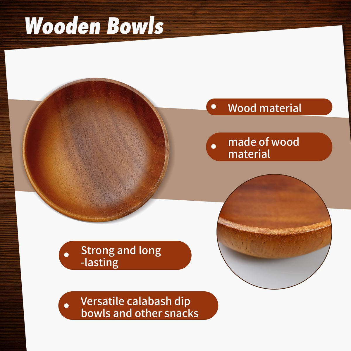 TANEMUDO 12 Pcs Acacia Wooden Bowls,Hand Carved Small Calabash Bowls, Round Wood Salad Dip Tray for Serving Popcorn, Pasta, Candy, Cereal, Coconut, Nuts, Sauce, Appetizers in Kitchen (4 Inch)