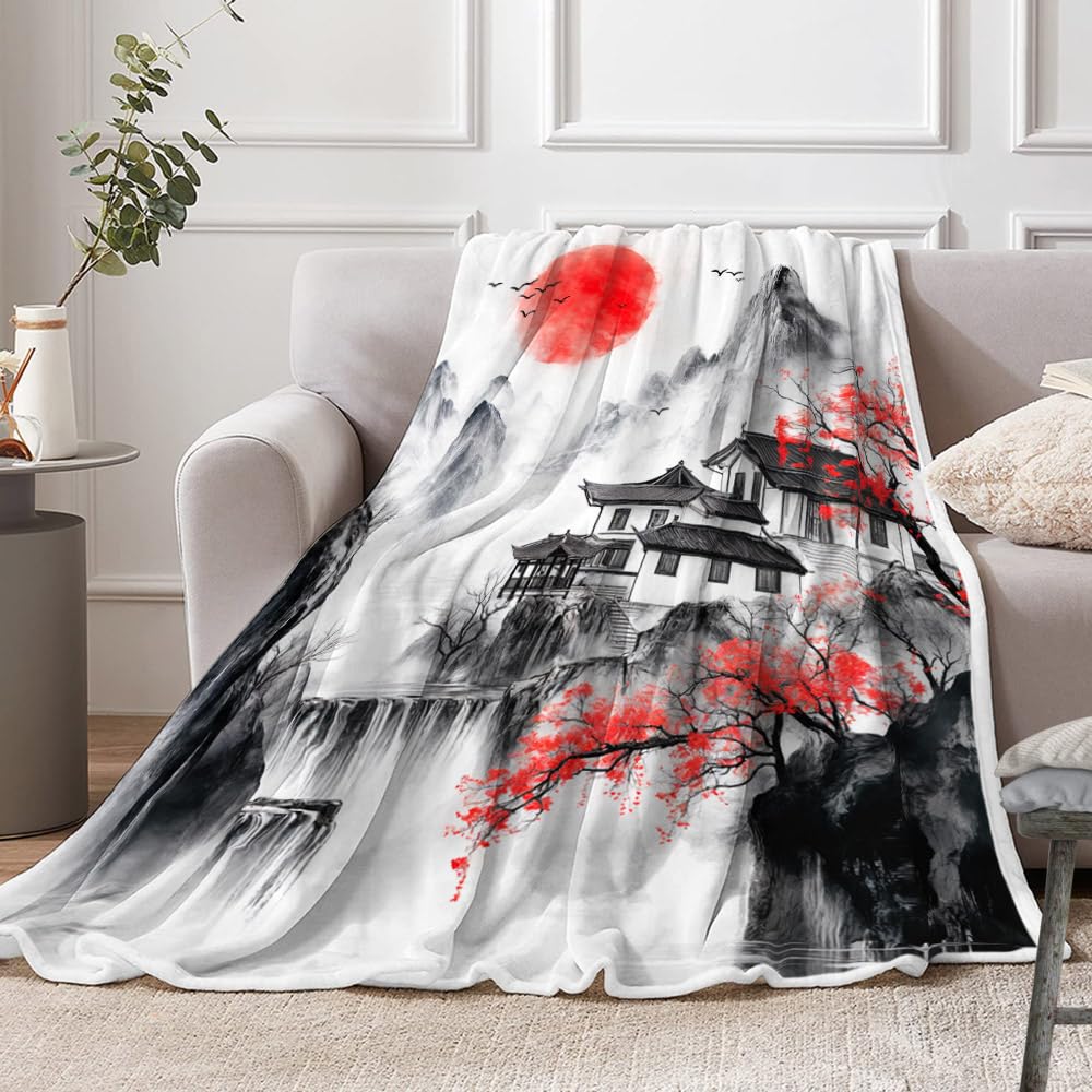 DYNH Japanese Cherry Blossom Blanket, Asian Nature Landscape Throw Blanket, Mountain Cherry Branches Red Sun Ink Painting Soft Warm Flannel Black White Grey Blanket,50X60