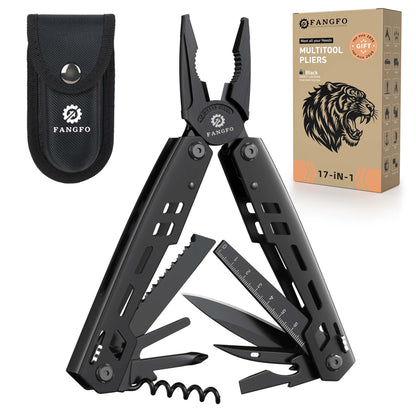 Multitool 17-in-1 Stainless Steel Multi Tool with Pocket Knife Needle Nose Pliers Bottle Opener Screwdriver Self-Locking Professional Multi-Tool for Outdoor Survival Gifts for Men(Black)