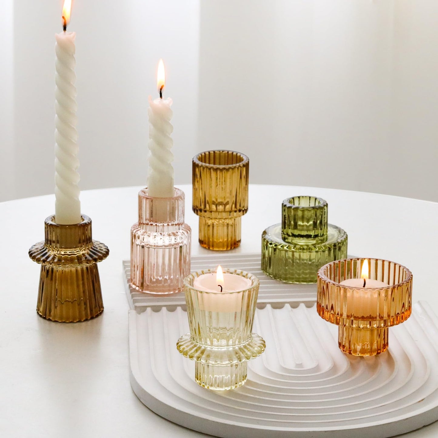 SYFURNIX Brown Candlestick Holders 12PCS Ribbed Glass Taper Candle Holders Set for Tealight Candlestick Candles, Table Centerpieces for Thanksgiving Christmas Farmhouse Decor Indoor and Outdoor