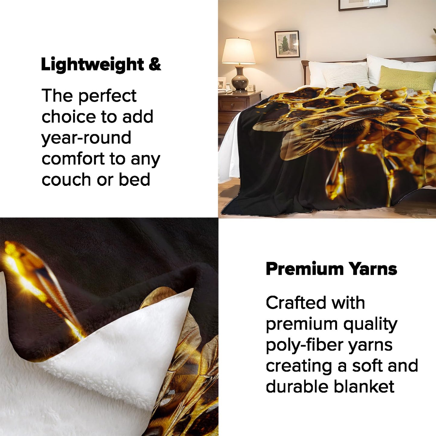 Turamurra Honey Bee Throw Blanket 50"x60", Nature-Inspired Blankets for Living Room Bedroom Decor, Warm Flannel Plush Gifts for Bee Lovers Adults Kids