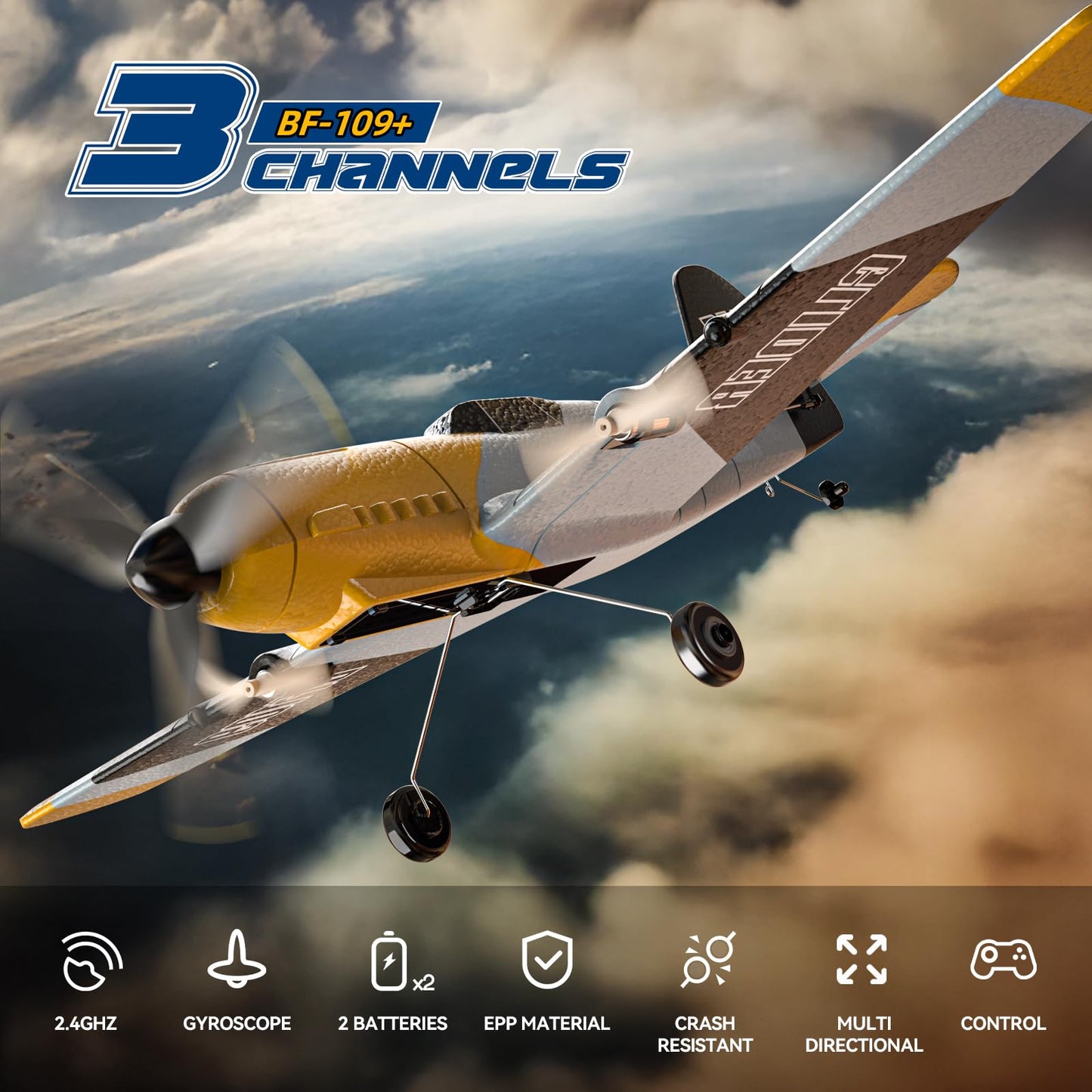 DEERC RC Plane 3 Channel BF-109 Remote Control Airplane Fighter Toys,2.4GHz 6-axis Gyro Stabilizer RTF Glider Aircraft Plane with 2 Batteries,Easy to Fly for Adults Kids Beginners Boys