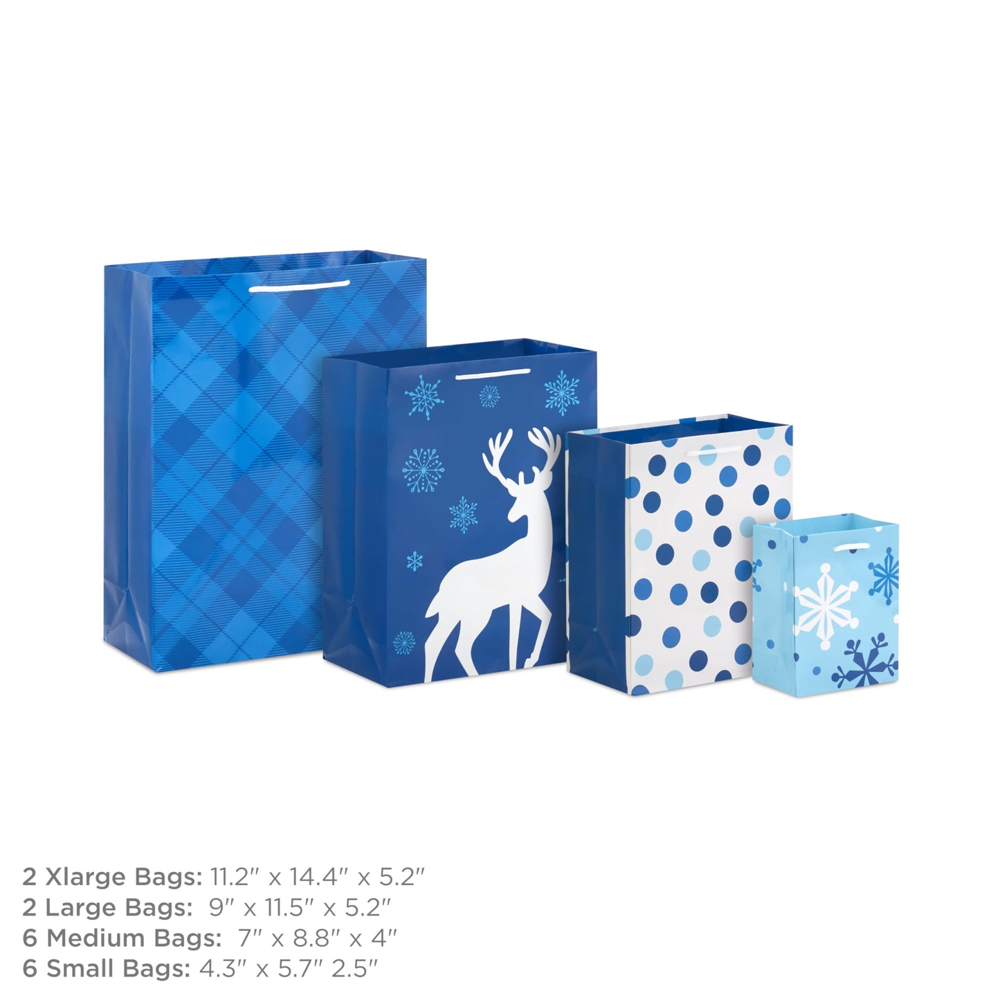 Hallmark Image Arts Assorted Christmas Gift Bags Bulk - Blue Plaid, Snowman, Deer, Tree, Snowflakes (16 Bags: 6 Small 5", 6 Medium 8", 2 Large 11", 2 XL 14") for Holiday Parties, Hanukkah, Weddings