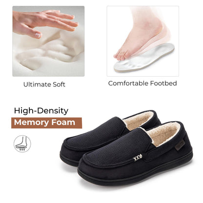 VeraCosy Men's Women's Comfy Suede Memory Foam Moccasin Slippers Warm Sherpa Lining House Shoes with Anti-Skid Rubber Sole, Black /Men, 9 UK Men/ 10 UK Women