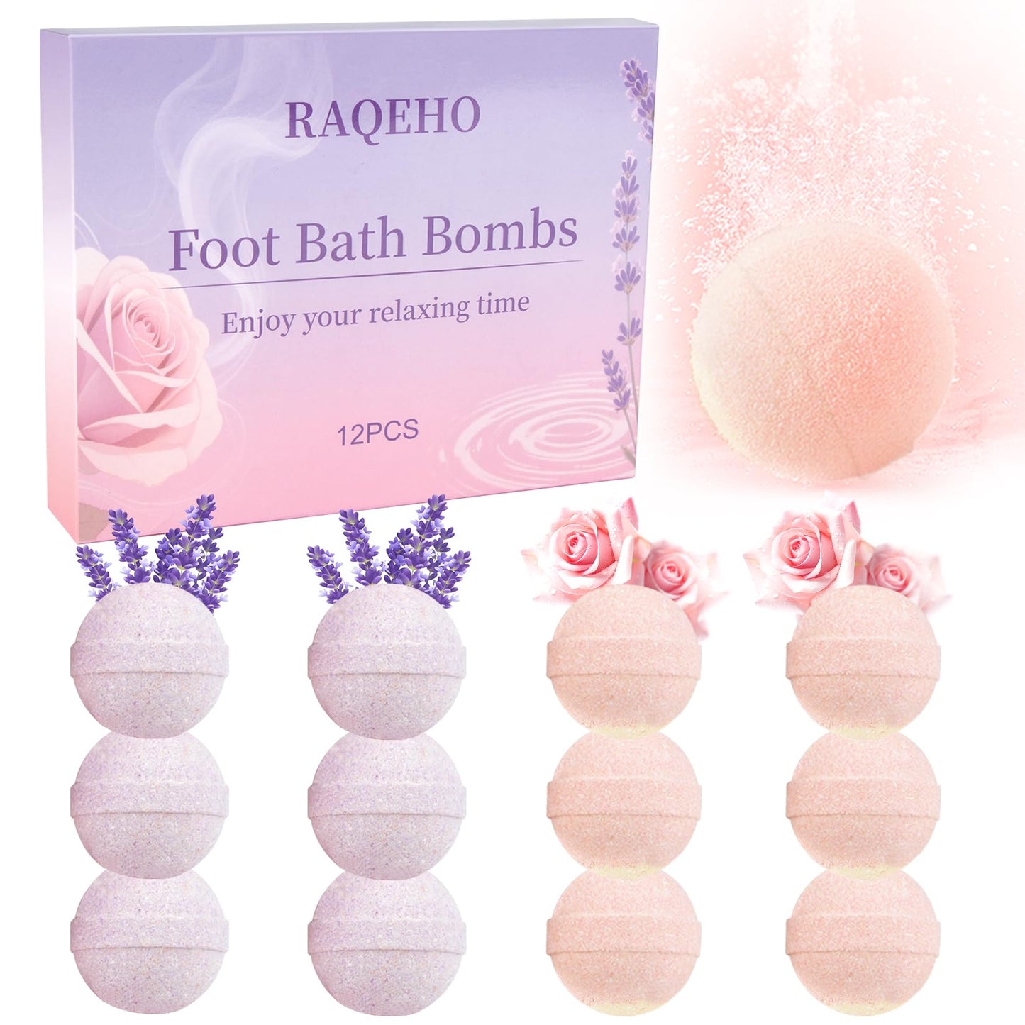 RAQEHO 12PCS Foot Bath Bombs - Rose Lavender Aromatherapy Foot Bath Soak Individually Wrapped with Sea Salt for Dry Cracked Feet Softener Exfoliator Odor Home Spa Essentials Pedicure Supplies