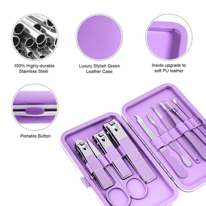 Manicure Set, Travel Mini Nail Clippers Kit Pedicure Care Tools, 10pcs Stainless Steel Grooming kit (Pink)