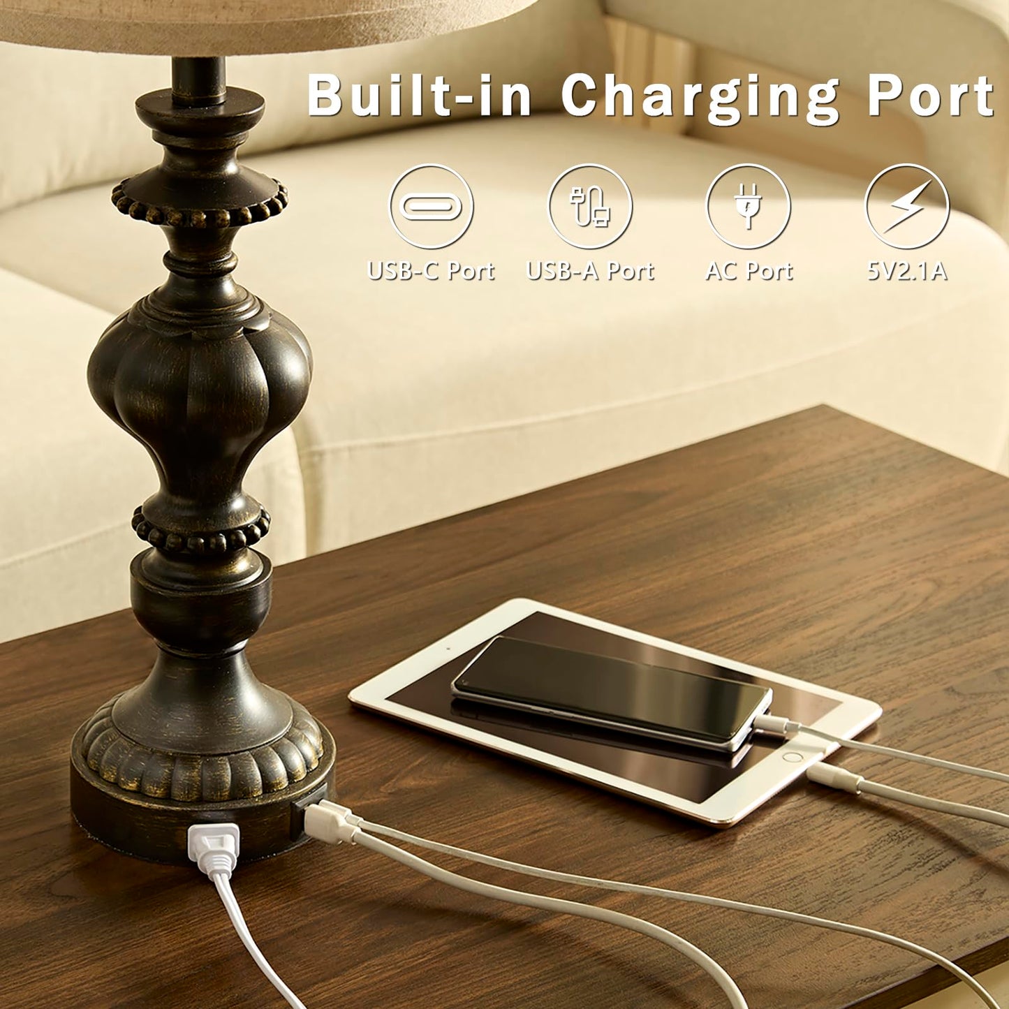 SAIWEYA 27.5" Farmhouse Table Lamps Set of 2 Bedside Nightstand Lamp with USB C+A Ports & AC Outlet, 3 Way Dimmable Touch Lamps for Bedroom Living Room Office Rustic Lamp