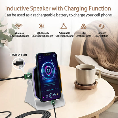 Wireless Induction Speaker 5-in-1 Bluetooth Speaker with Phone Holder, Surround Sound, 3500mAh, 8 RGB Ambient Lights, 360° Adjustable Stand, Holder for iPhone/Android/iPad Gifts for Men Women (White)