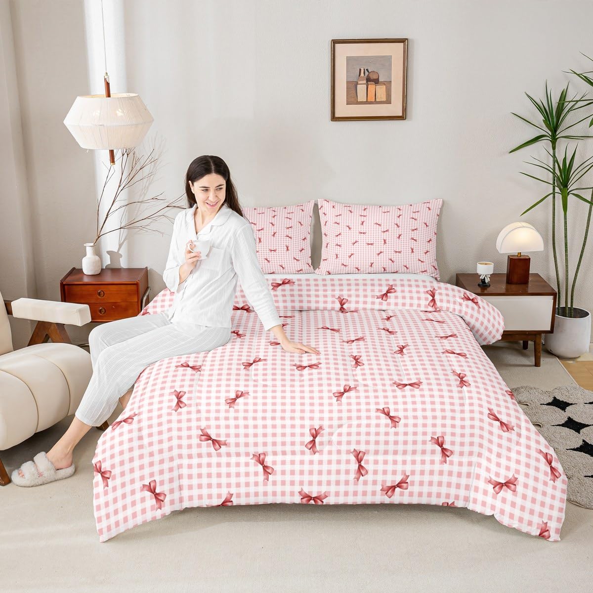 Erosebridal Girls Bow Comforter Set Pink Buffalo Plaid Full Size Bedding Sets | Cute Ribbon Bowknot Comforter Kawaii Grid Lattice Bow Tie Bed Set