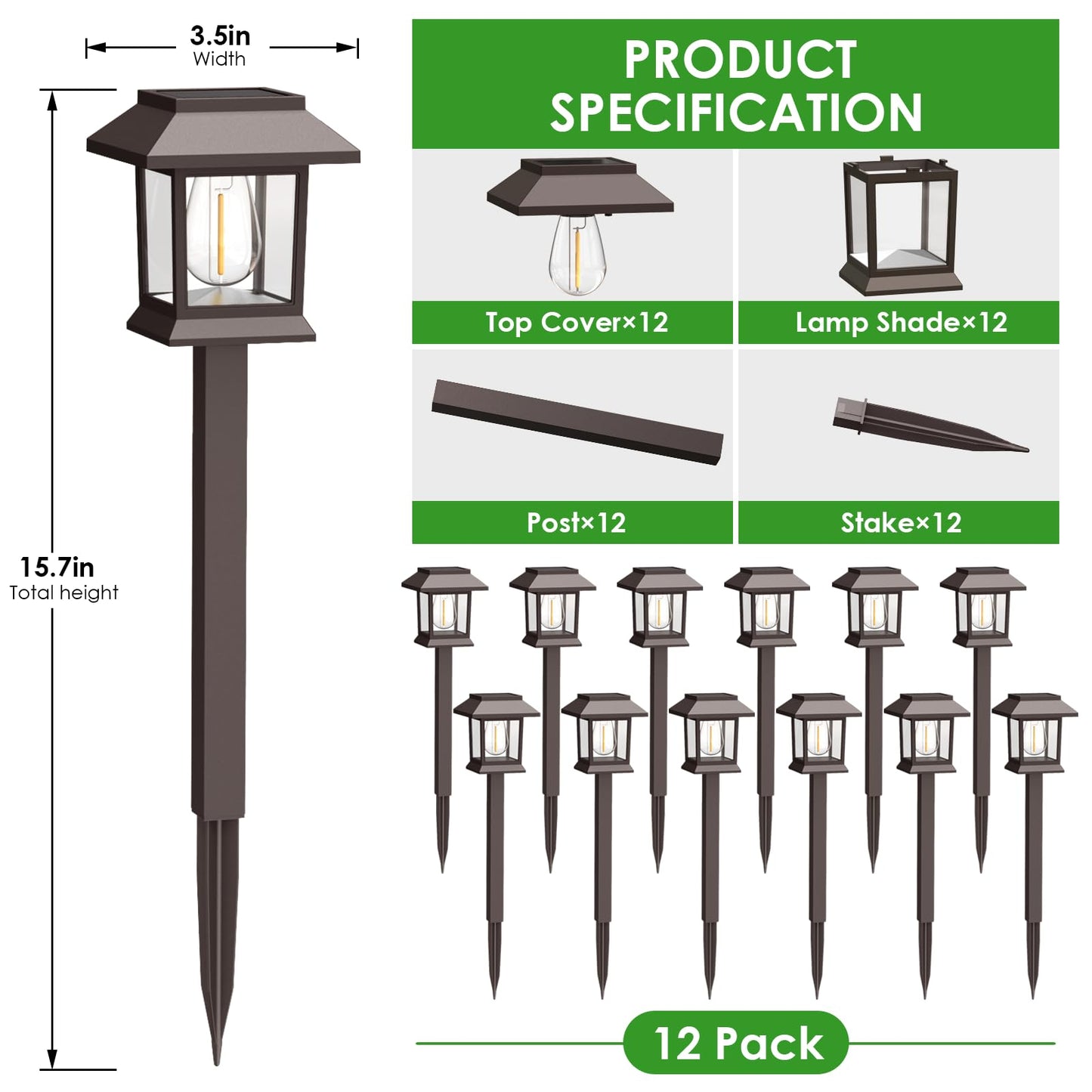 Benany Solar Outdoor Lights, 12 Pack Solar Pathway Lights Waterproof, Landscape Lighting for Path Walkway Lawn Garden Yard Outside Décor, Brown