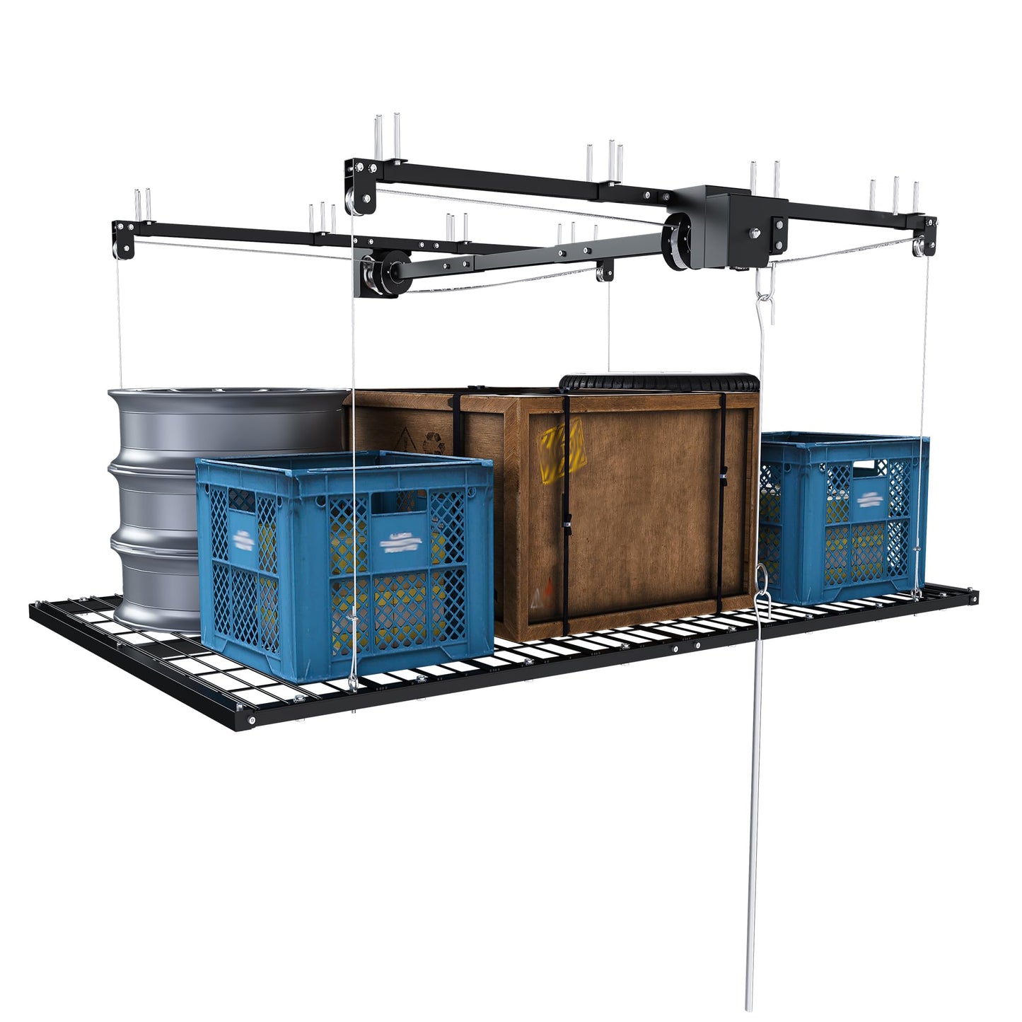 Leavader Manual Garage Storage Lift 4x8 FT for 10-12 ft Ceilings, Crank Down Overhead Storage Rack with Safety Lock, Heavy Duty Steel Garage Ceiling Storage System, 325LBS Capacity