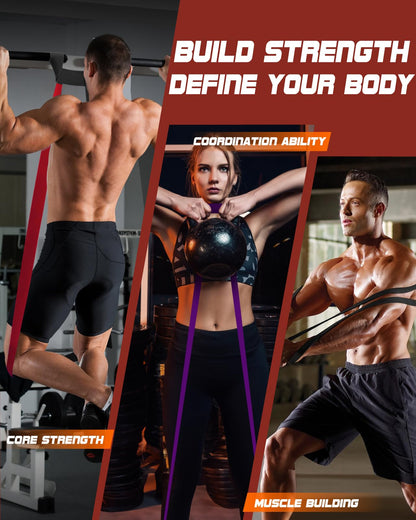 Fitense Resistance Bands Set for Men Women - 6 Resistance Levels 15-170 LBS Pull Up Bands, Exercise Bands Resistance with Door Anchor, Training Poster & Pouch for Body Stretching, Pull Up Assist