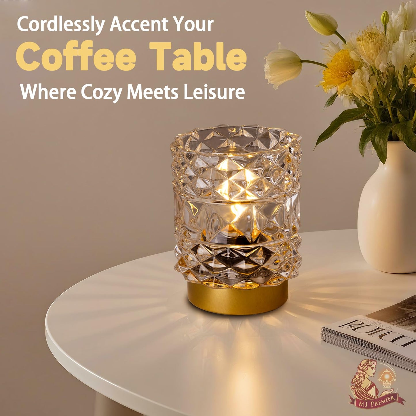 MJ PREMIER Battery Operated Lamp with Timer, Cordless Table Lamps for Shelf Decor, Rhombus Texture Aesthetic Crystal Lamp, Small Decorative Lamps for Bedroom/Bathroom/Kitchen/Entryway/Dorm (Clear)