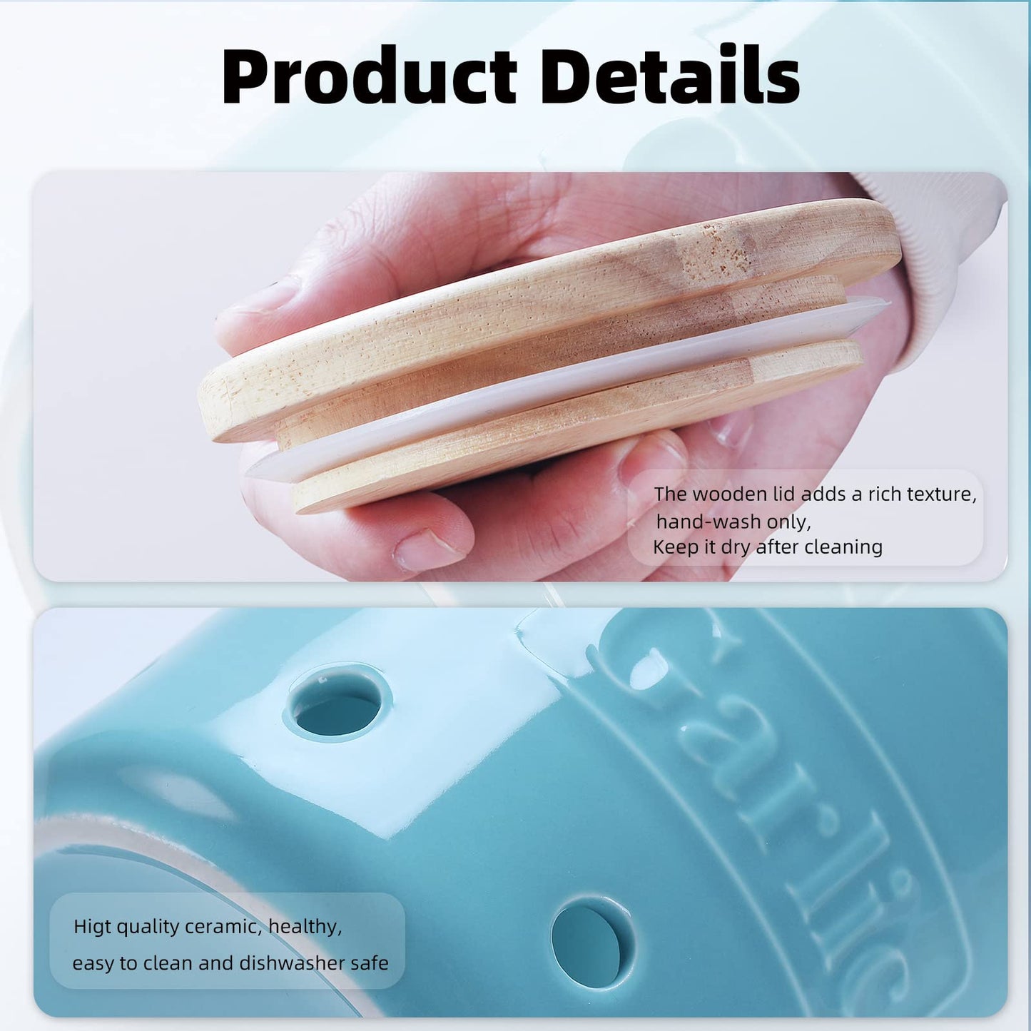 ONTUBE Garlic Keeper with Wooden Lid, 4.5-Inch Ceramic Garlic Holder 24oz (Turquoise)